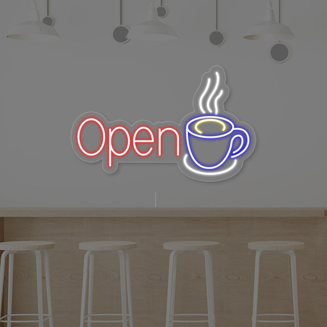 "Open, Kaffekopp" Neonskilt