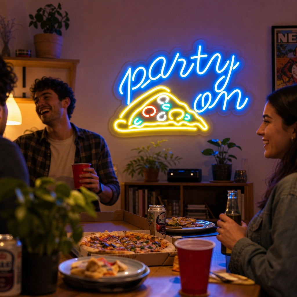 "Party On Pizza" Neonskilt