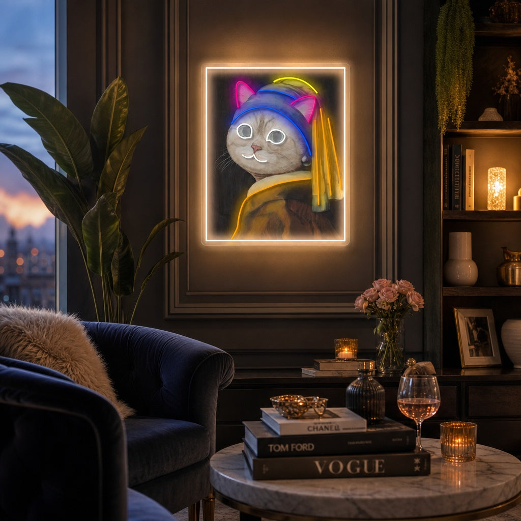 "Pearl Earring Cat Lady" UV-trykt LED-neonskilt