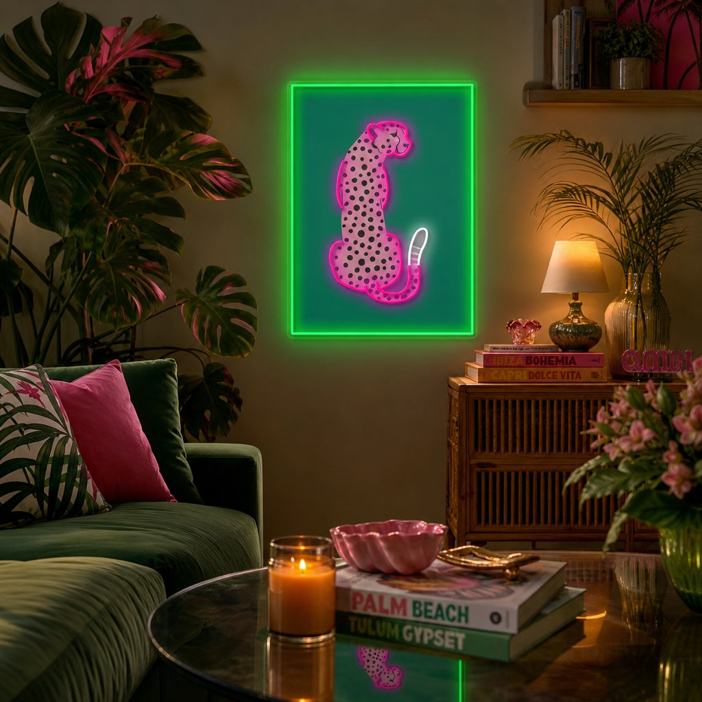 "Pink Leopard African Cheetah Tropical Pop Art" UV-trykt LED-neonskilt