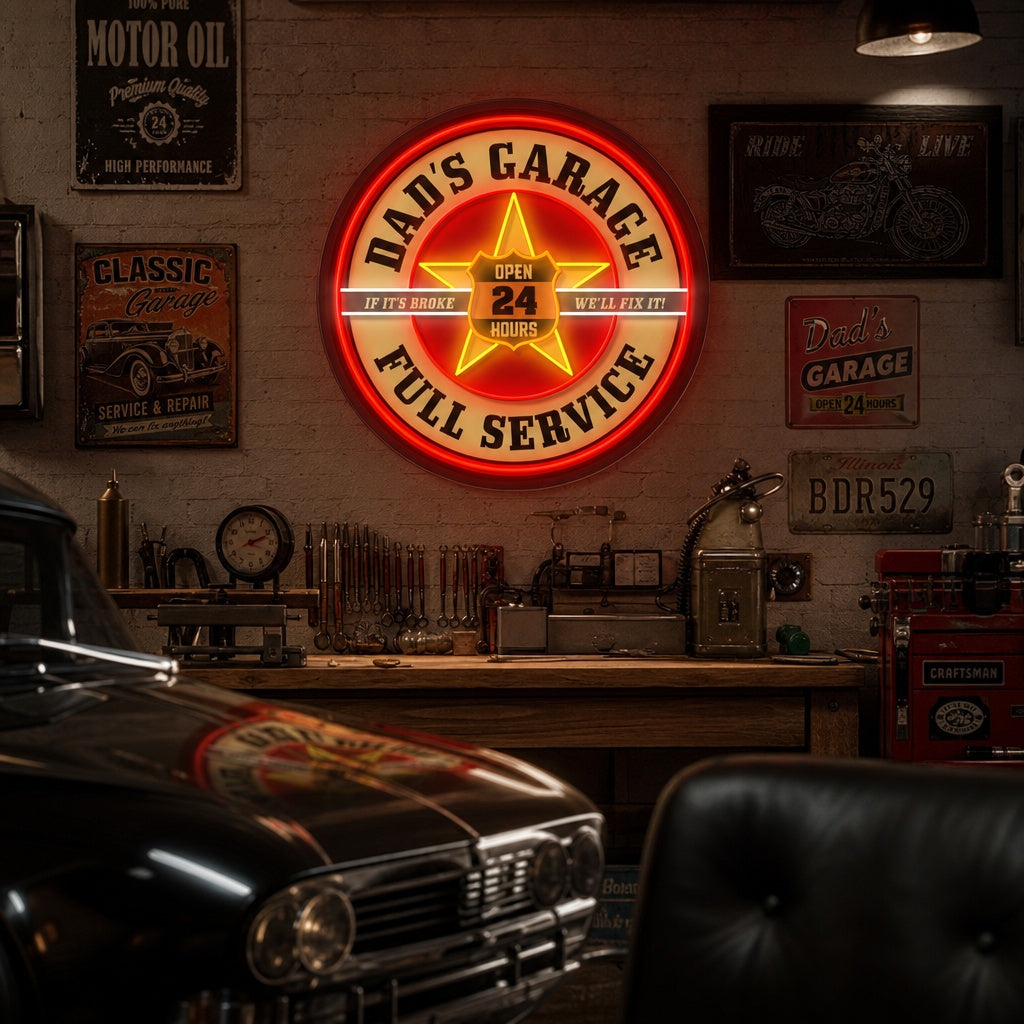 "Retro Dads Garage, Mobil inspirert" UV-trykt LED-neonskilt