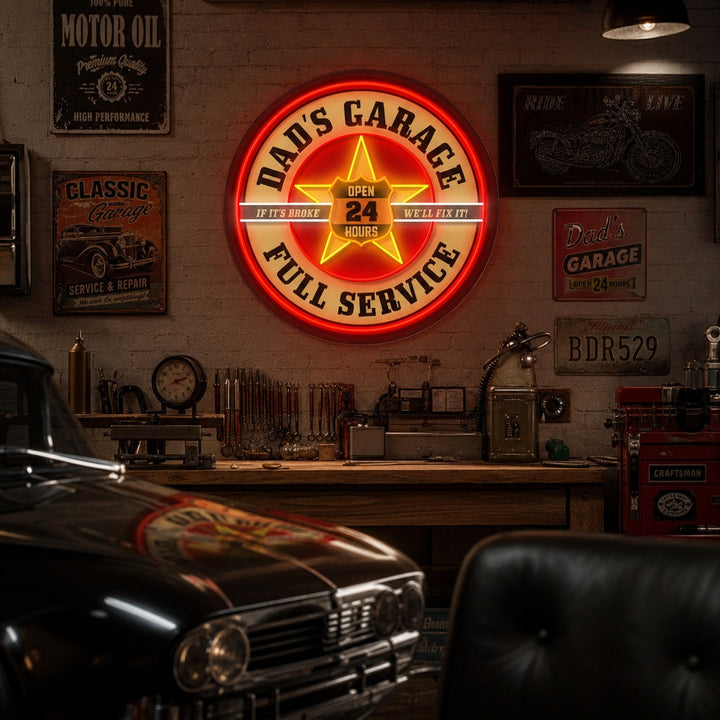 "Retro Dads Garage, Mobil inspirert" UV-trykt LED-neonskilt
