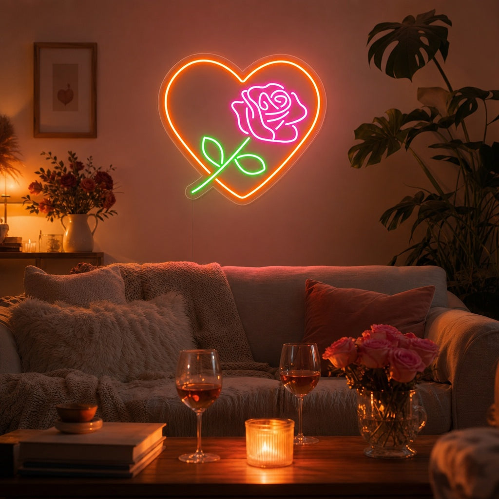 "Roseblomst, Hjerteform, Kjærlighet" Neonskilt