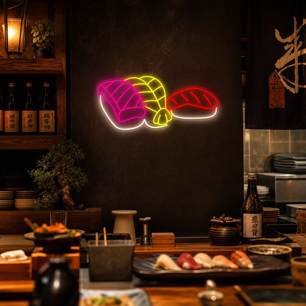 Reker Laks Sushi Neonskilt, Japansk restaurantinnredning