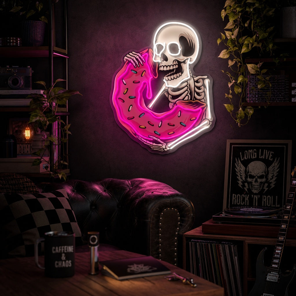 "Hodeskalle spiser deilig smultring" UV-trykt LED-neonskilt