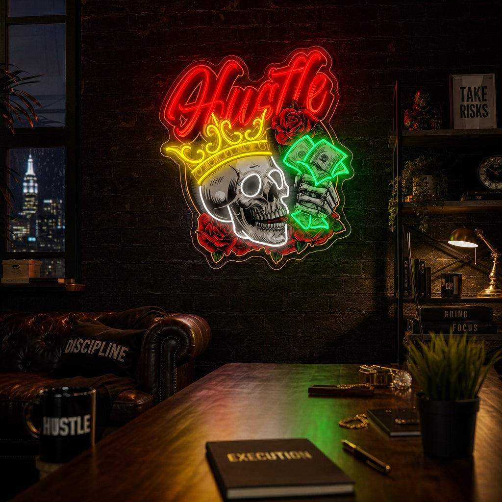 "Skull i Crown Roses Skeleton Hand Holding Dollar Banknoter" UV-trykt LED-neonskilt