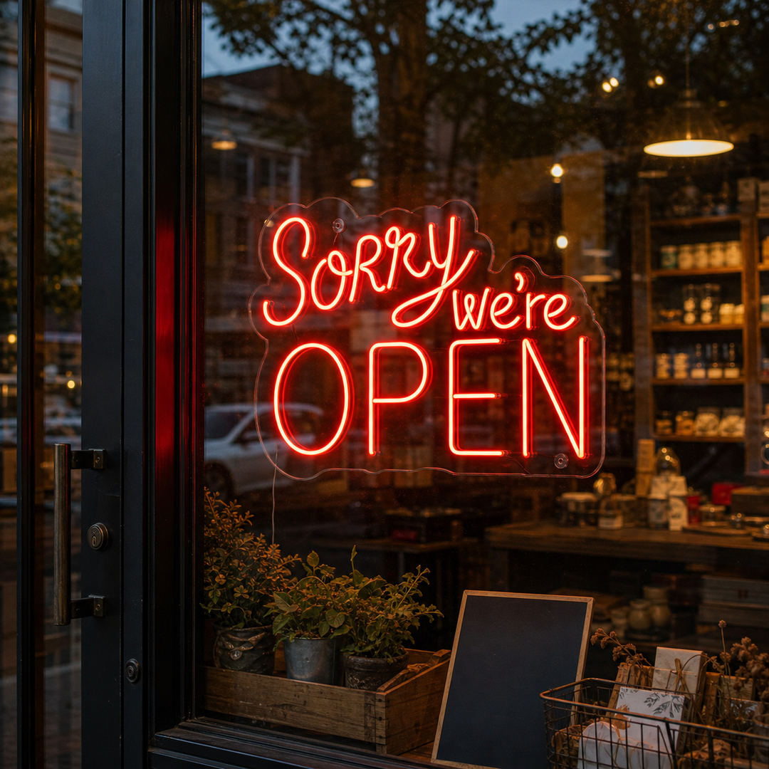 "Sorry We Are Open" Neonskilt