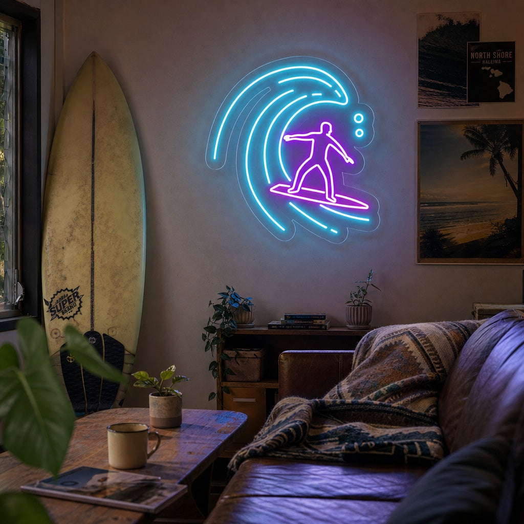 "Surfer I Havbølge" Neonskilt