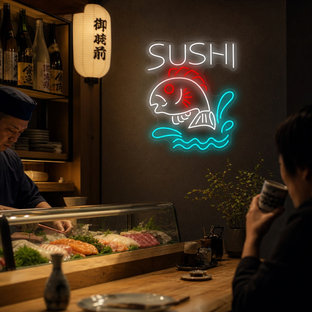 Sushi fiskebutikk Neonskilt, Japansk restaurantinnredning