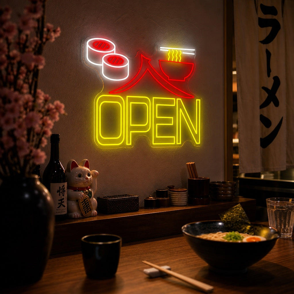 Sushi Ramen Open Neonskilt, Japansk restaurantinnredning