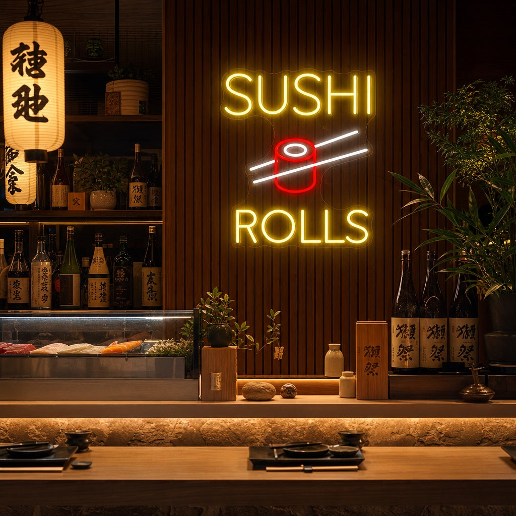 Sushi Rolls Neonskilt, Japansk restaurantinnredning