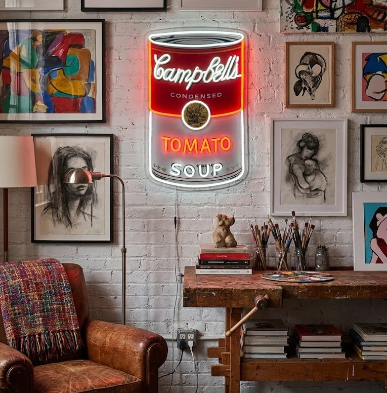 Et neonskilt med tomatsuppe-motiv i et kunstnerisk interiør.