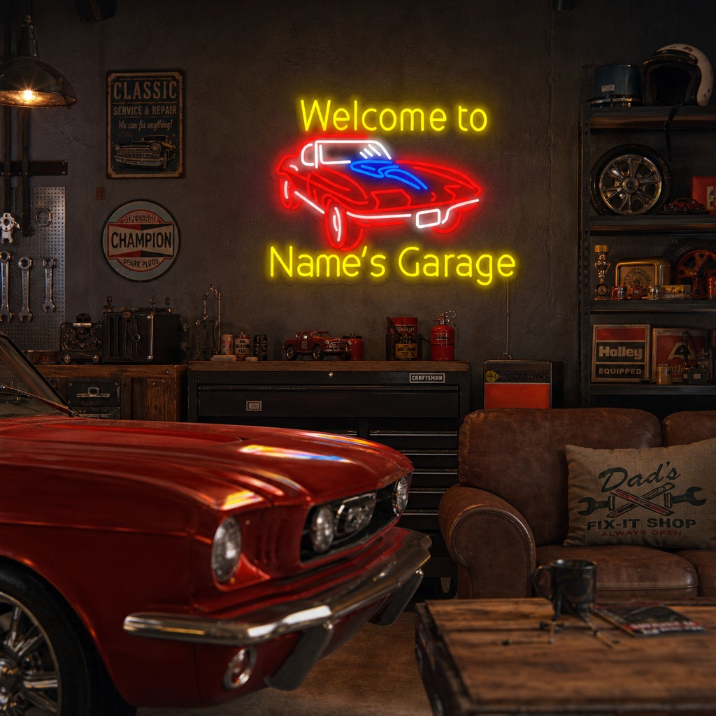"Welcome to Genes Garage" Neonskilt