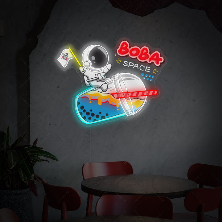 "Astronaut nipper til Boba Tea" Neonskilt