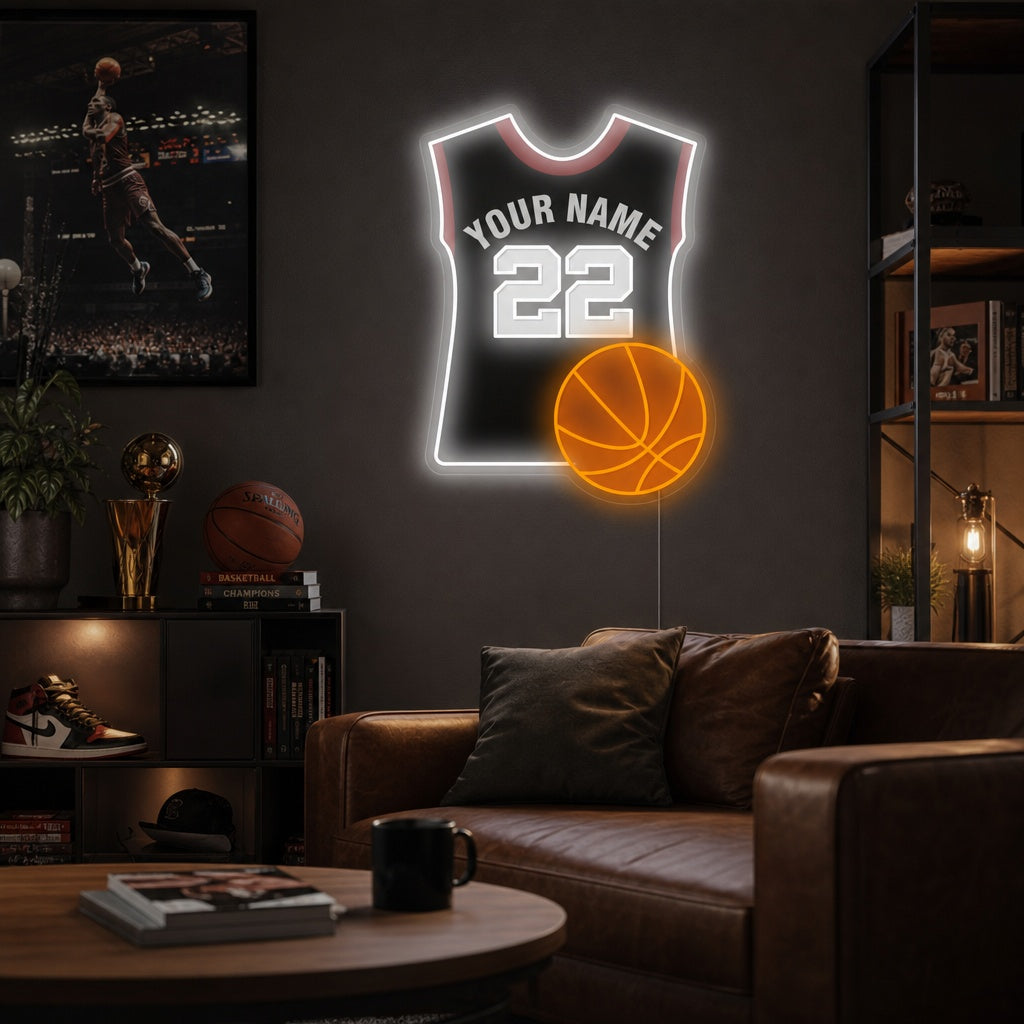 "Tilpasset basketball og trikot" Neonskilt
