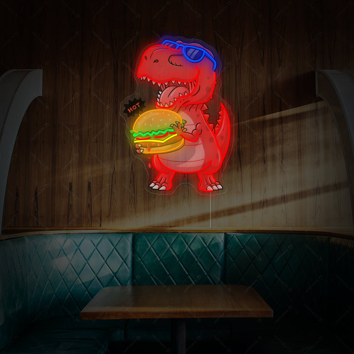 "Dinosaur spiser burger" Neonskilt
