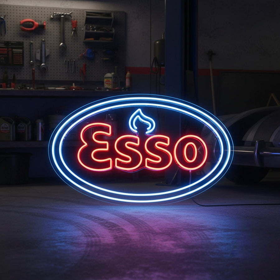 Blue and red Esso oval neon sign with flame detail, great for classic gas station or car enthusiast decor.