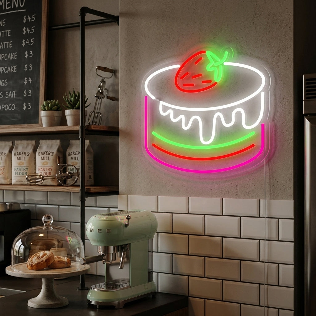 "Jordbær Kafé Bakeri" Neonskilt