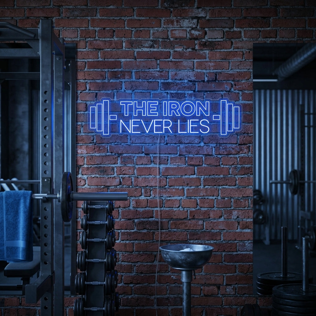 "The Iron Never Lies Med Vektstang" Gym Dekor Neonskilt