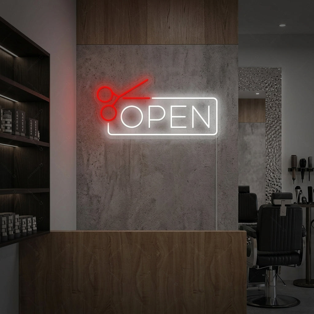 "Barbershop open" Neonskilt