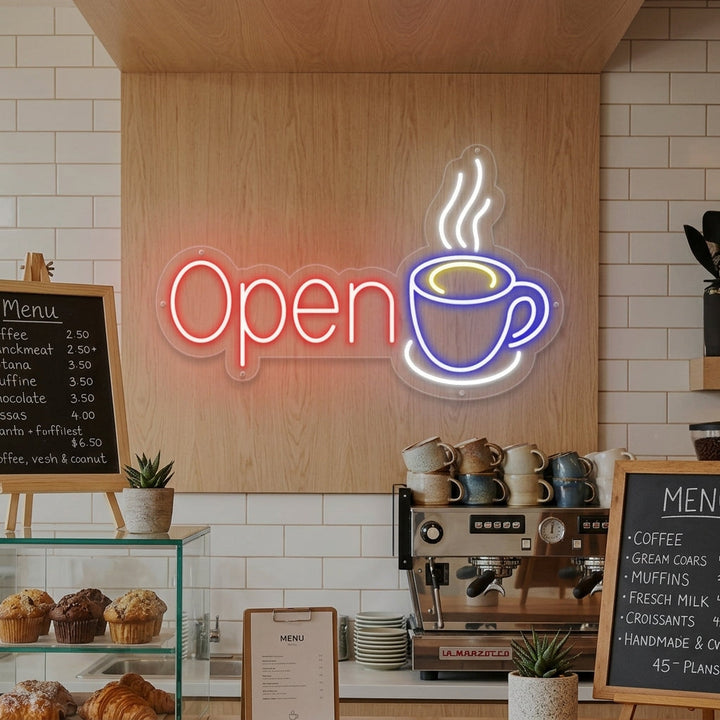 "Open, Kaffekopp" Neonskilt