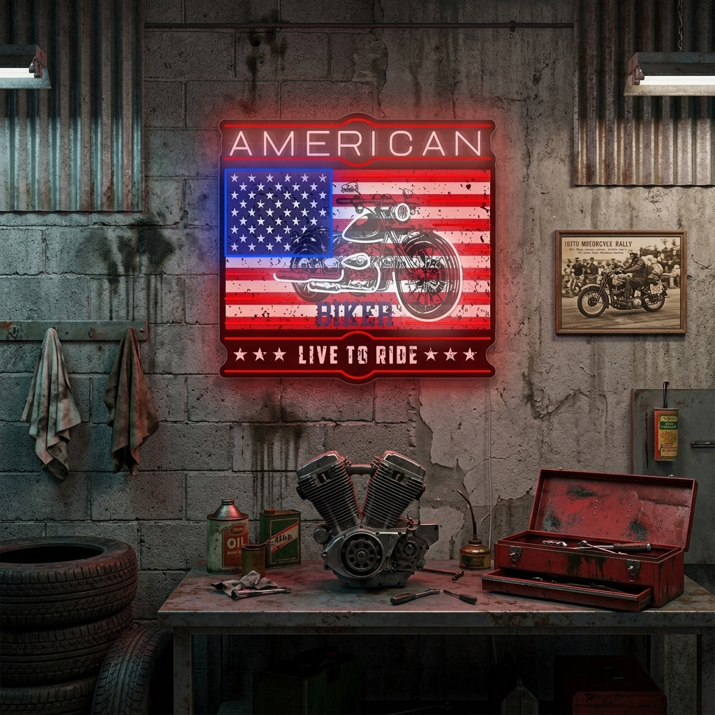 "American Biker Live To Ride" Neonskilt