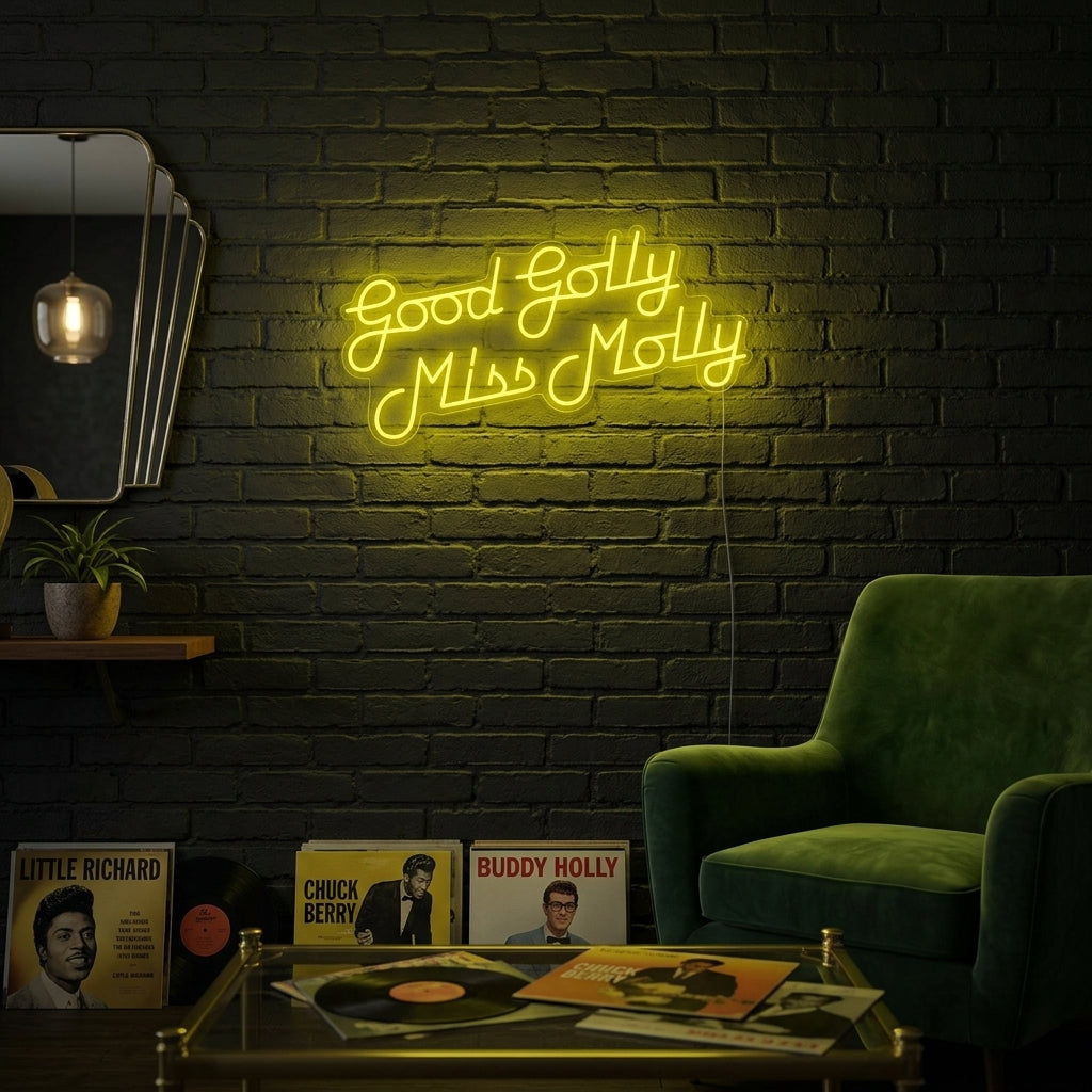 "God Golly Miss Molly Rockemusikk" Neonskilt