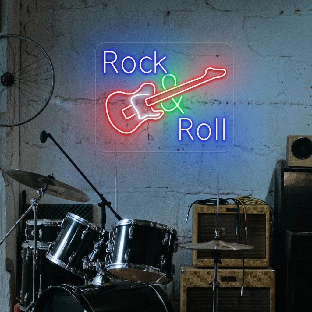 "Rock And Roll, Musikk, Gitar" Neonskilt