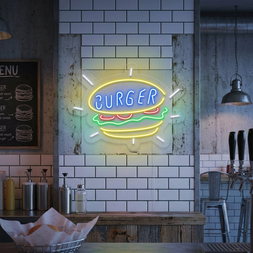 "Burger, Matbutikk" Neonskilt