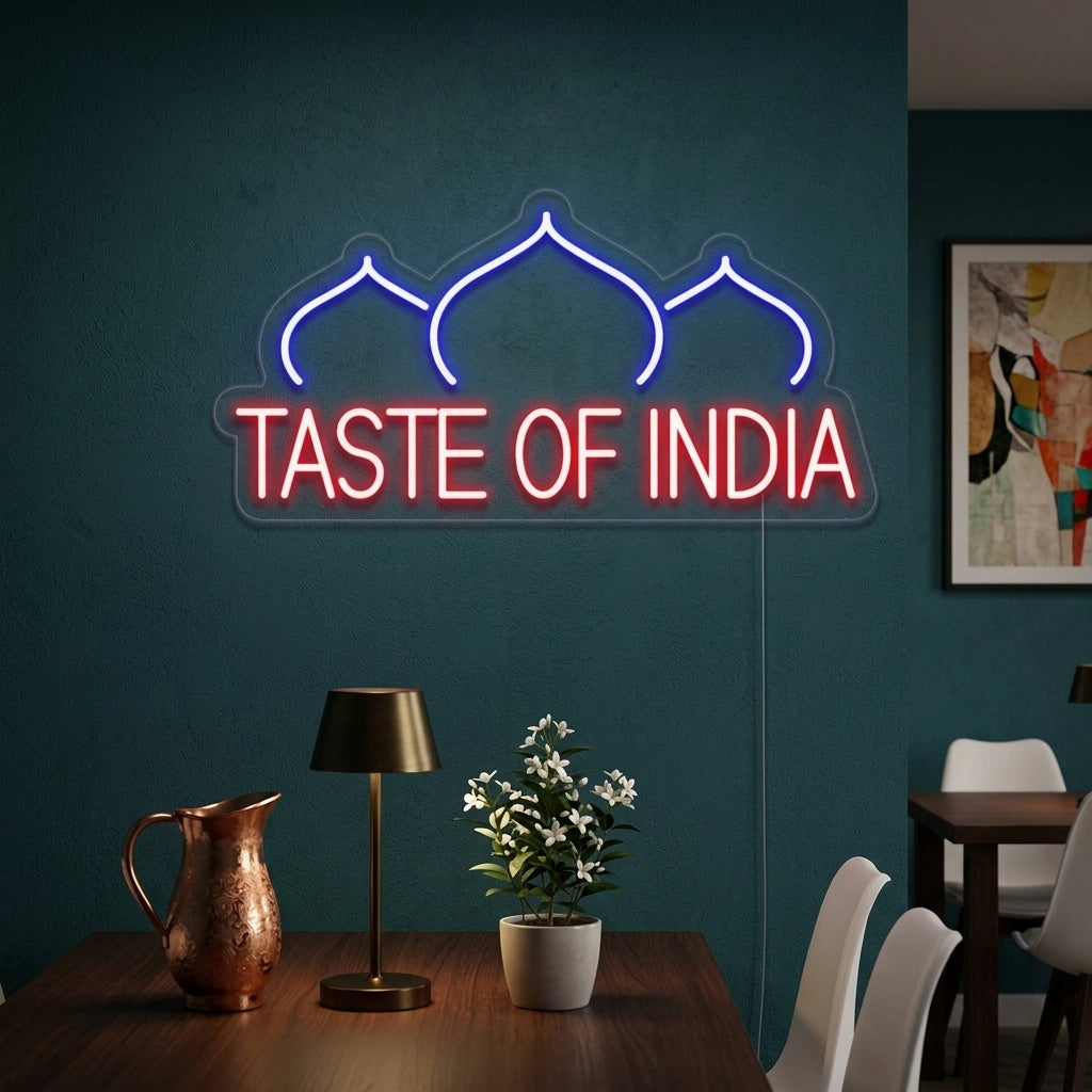 "TASTE OF INDIA, Restaurant, løk" Neonskilt