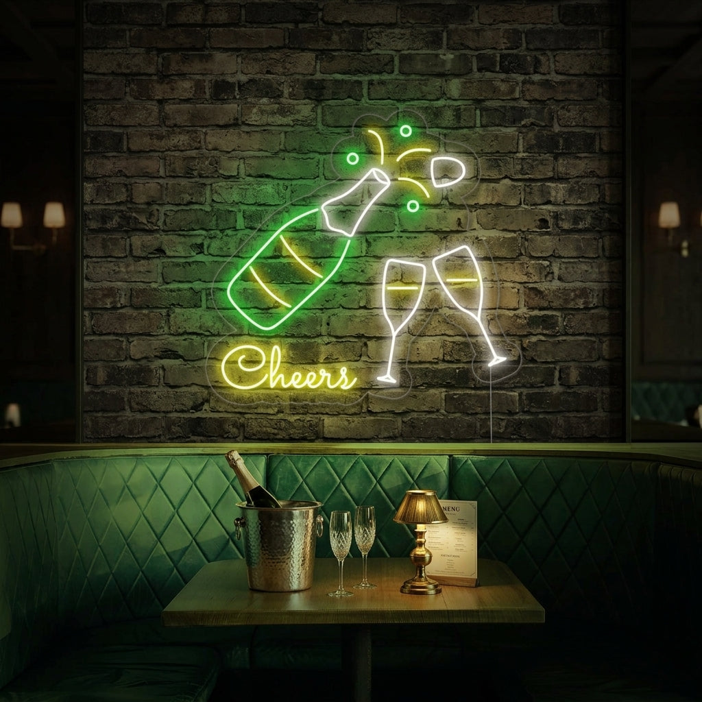"Champagneflaske, Champagneglass, Cheers" Neonskilt