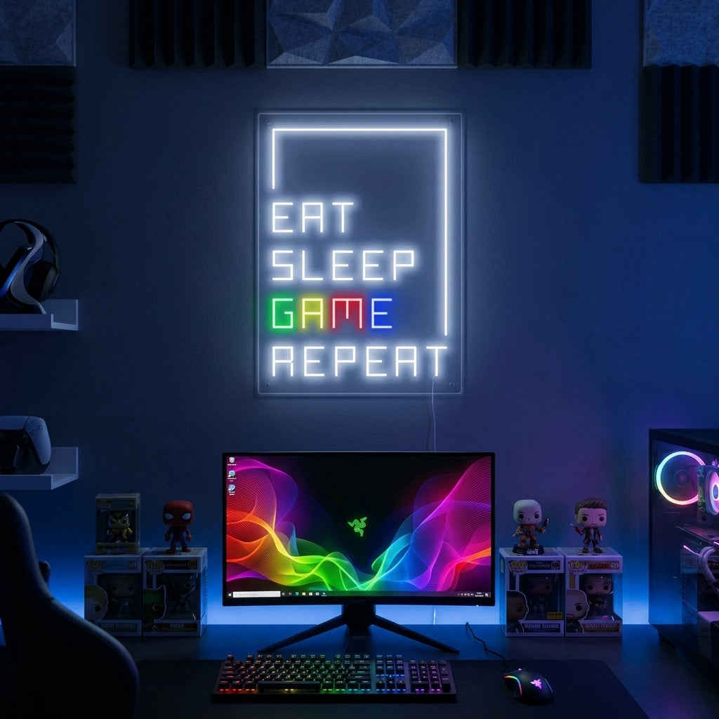 "Eat Sleep Game Repeat, Gamer Dekor" Neonskilt