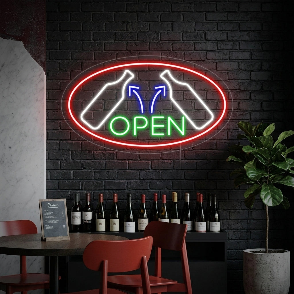 "Wine, Vinglass" Neonskilt