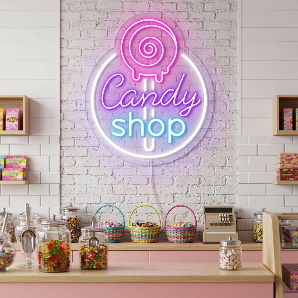 "Candy Shop, Godteributikk Logo" Neonskilt