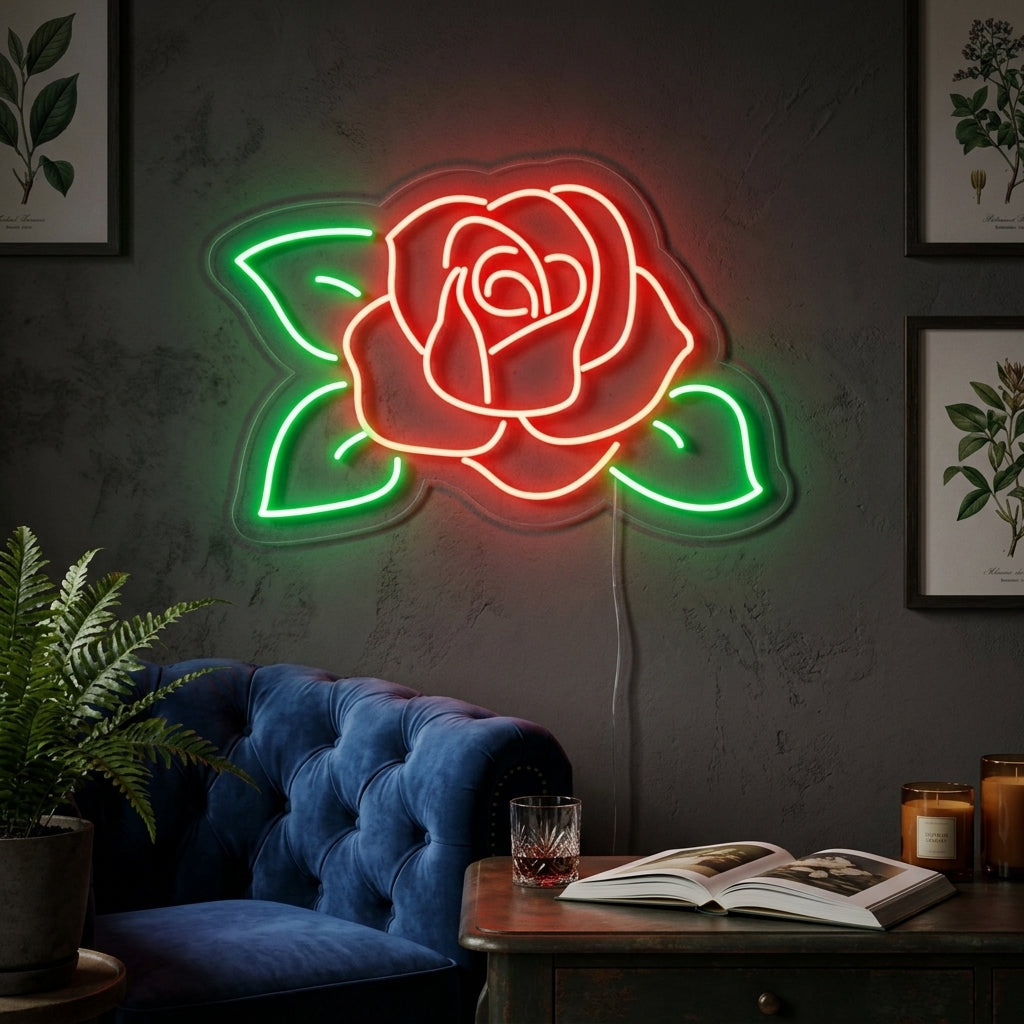 "Roser, Blomsterhandler, Blomstergaver" Neonskilt