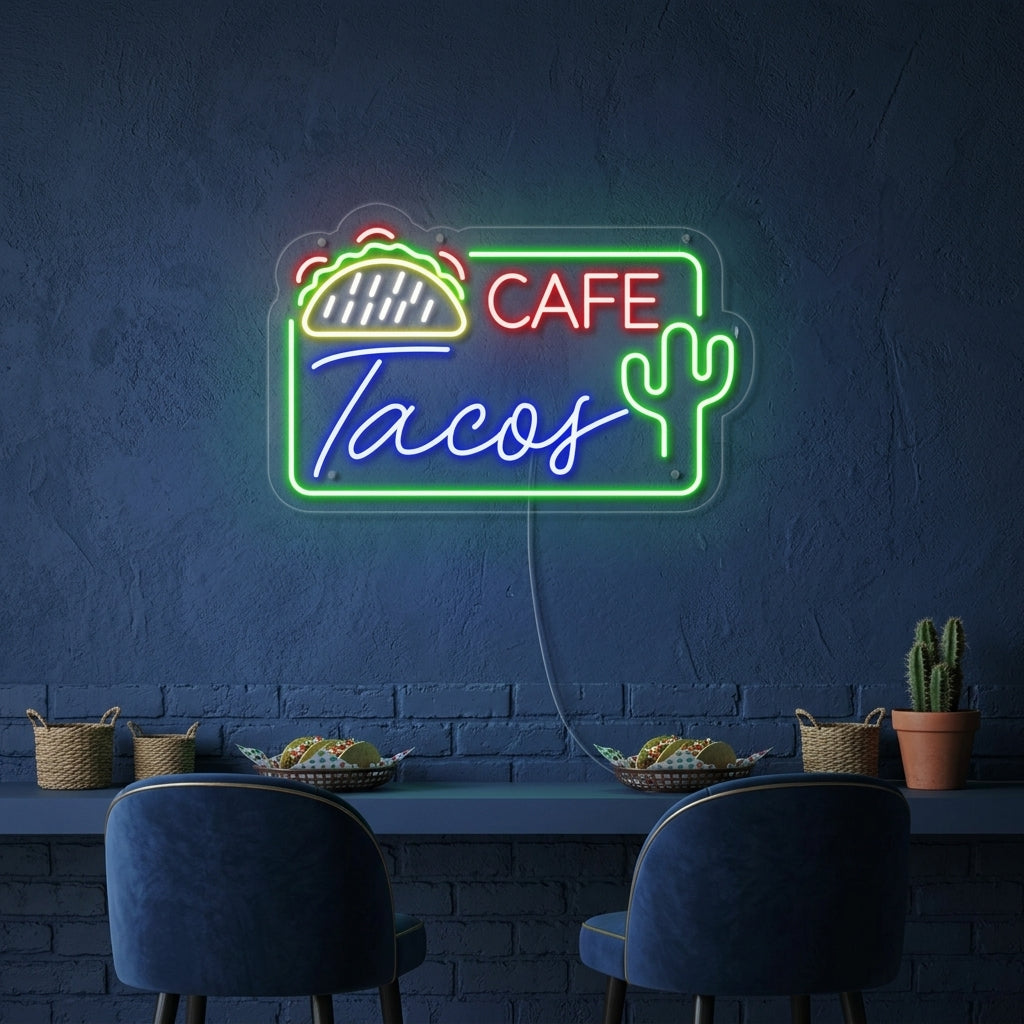 "CAFE TACOS, Meksikansk mat" Neonskilt