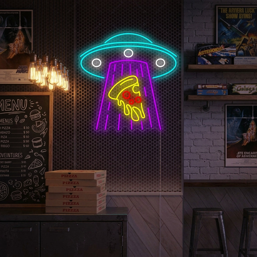 "Ufo Kidnapping Pizza" Neonskilt