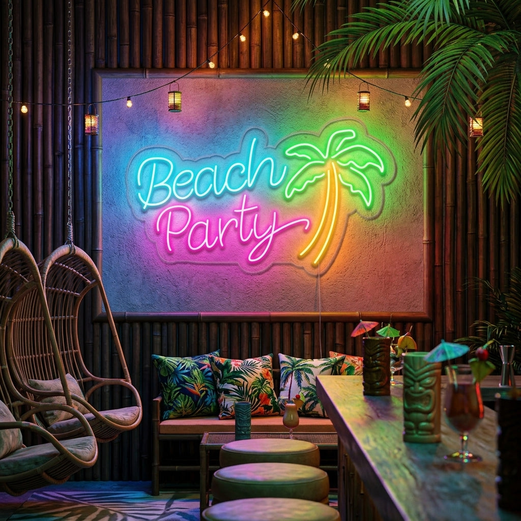 "Beach Party, Palmetre" Neonskilt