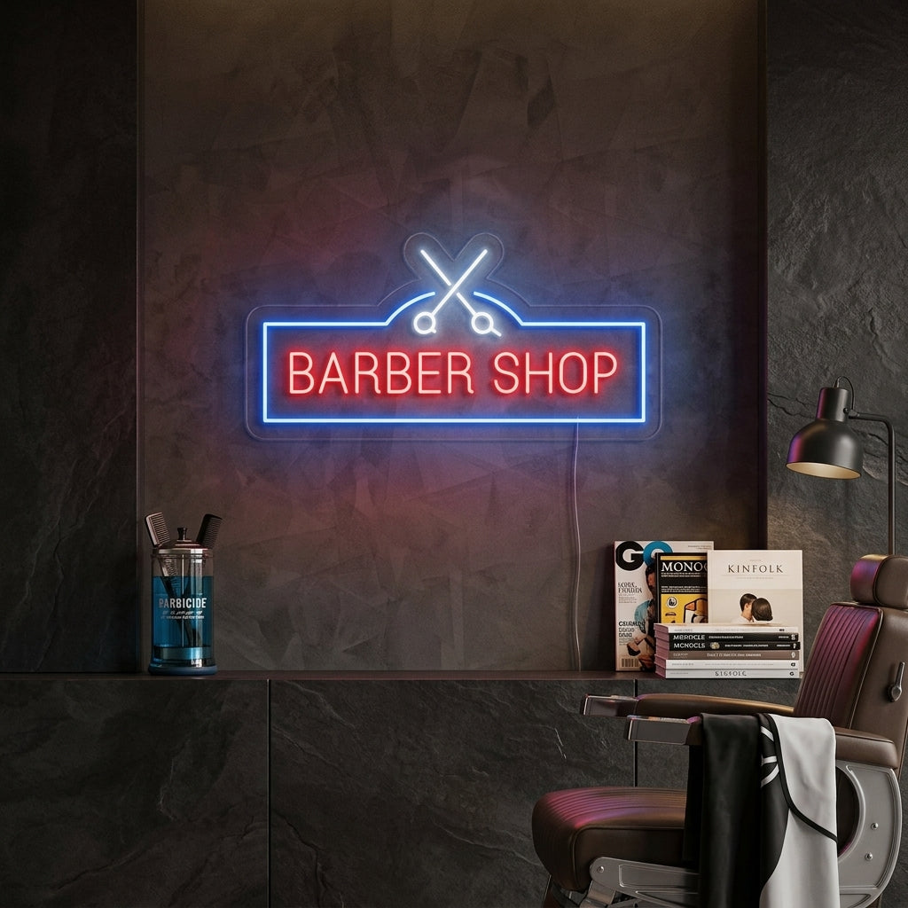 "Barber Shop, Frisør Saks" Neonskilt