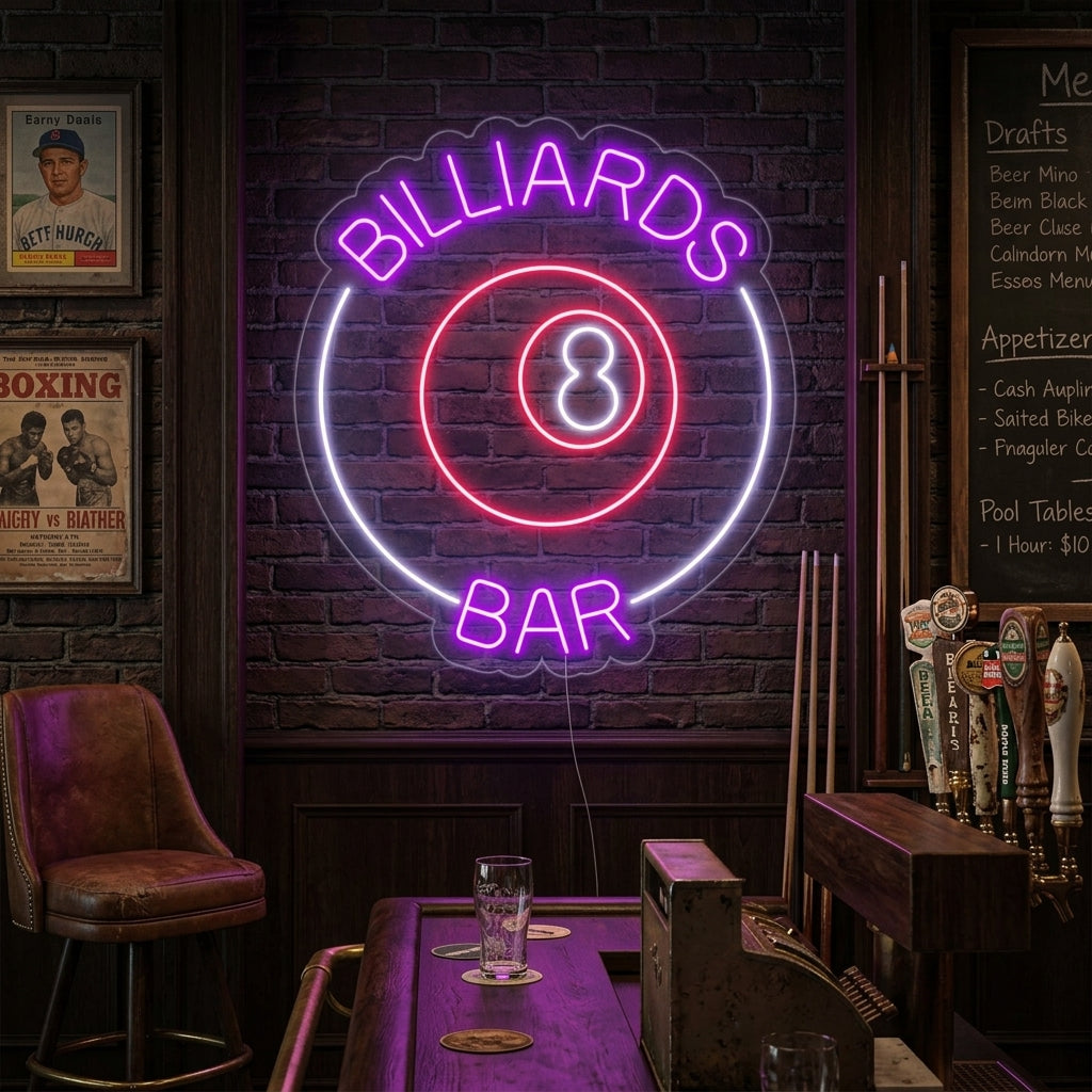 "Billiards 8 Bar, Biljardbar Logo" Neonskilt