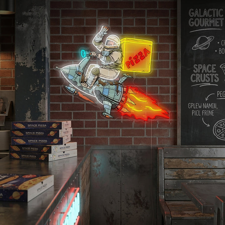 "Astronaut som leverer pizza" Neonskilt