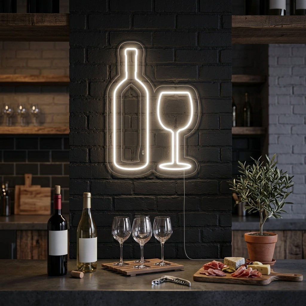 "Vinflaske, Vinglass" Neonskilt