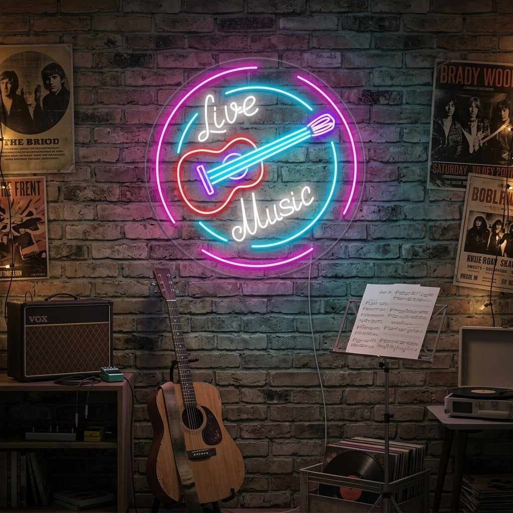 "Live Music, Gitarer" Neonskilt