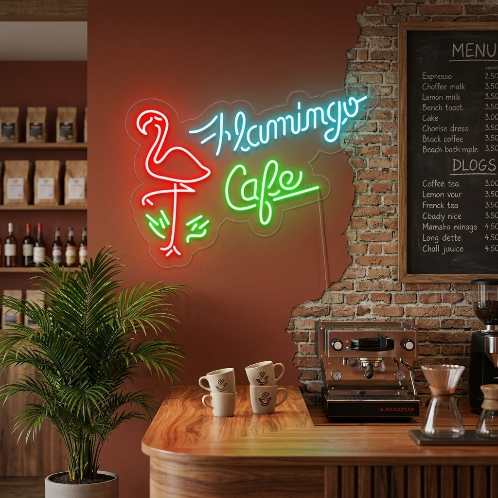 "Flamingo Cafe, Butikk" Neonskilt