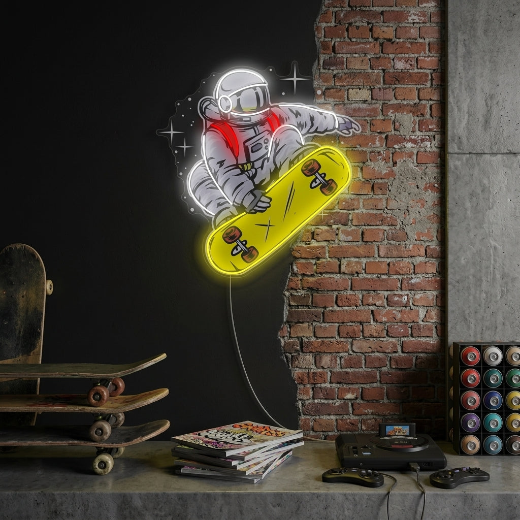 "Astronaut på skateboard" Neonskilt