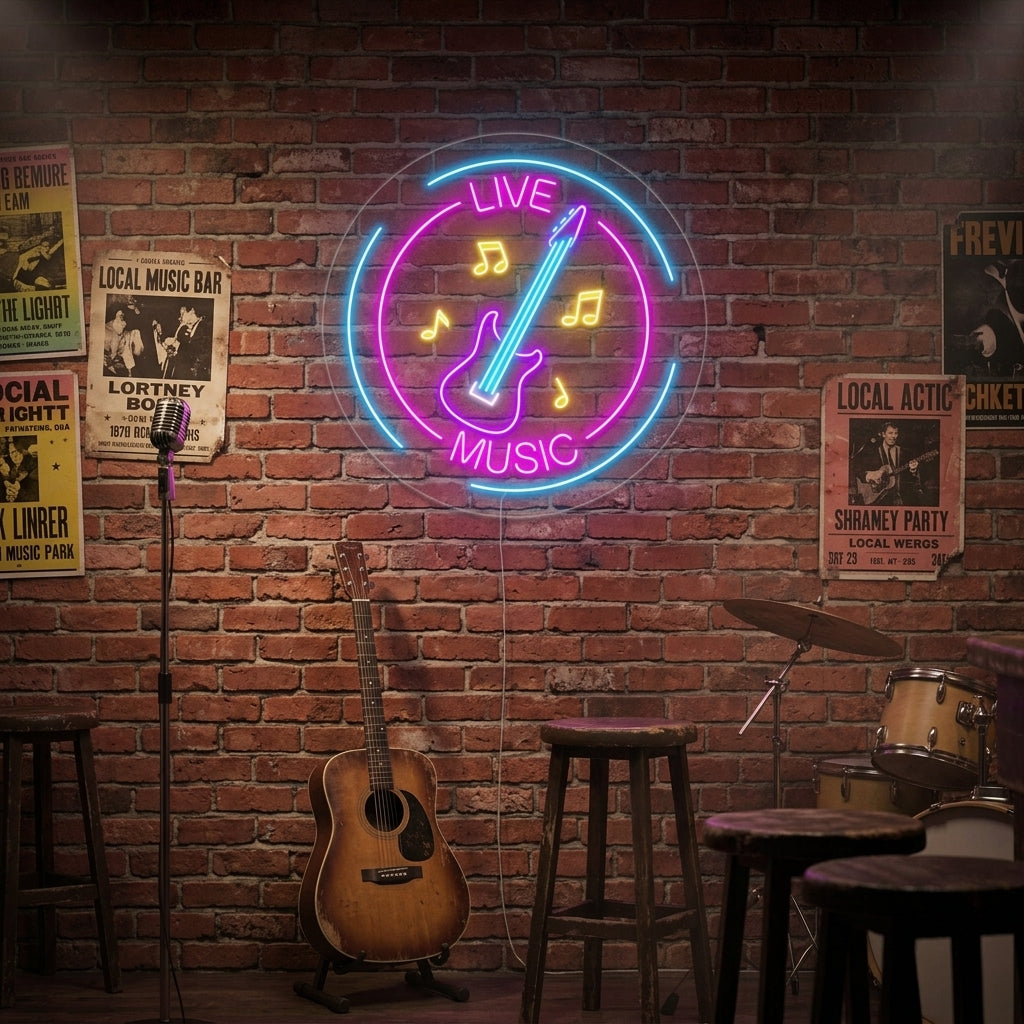 "Live Music, Noter, Gitar" Neonskilt