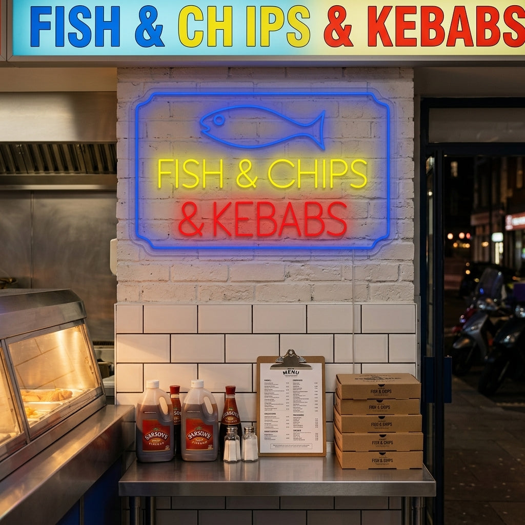 "Fish Chips Kebabs" Neonskilt