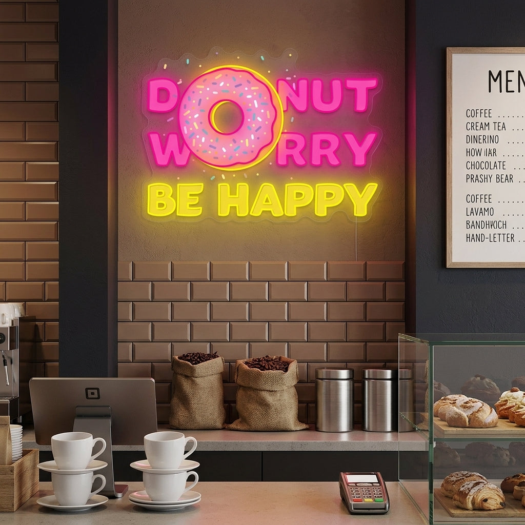 "Donut Do Not Worry Be Happy" Neonskilt