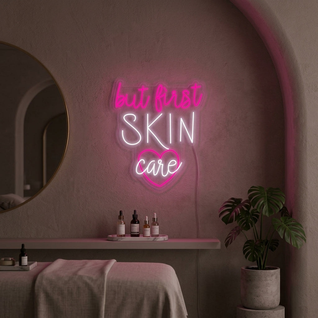 "But First Skin Care Hudpleie" Neonskilt