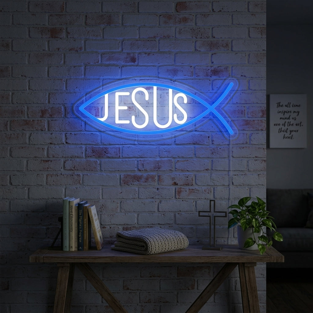 "Kristen Jesus Fisk" Neonskilt